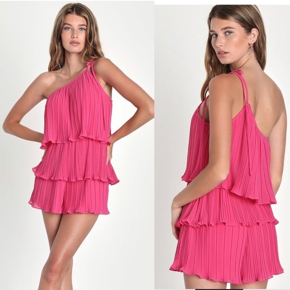 Lulus Blowing Kisses Fuchsia Pleated One-Shoulder Tie-Strap Romper, size Large - Picture 1 of 11